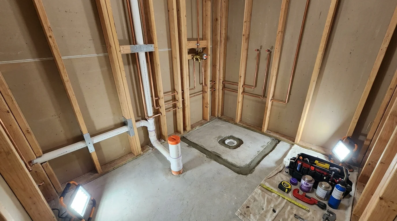 Bathroom rough-in plumbing during remodel by Johns Plumbing LLC in Carolina
