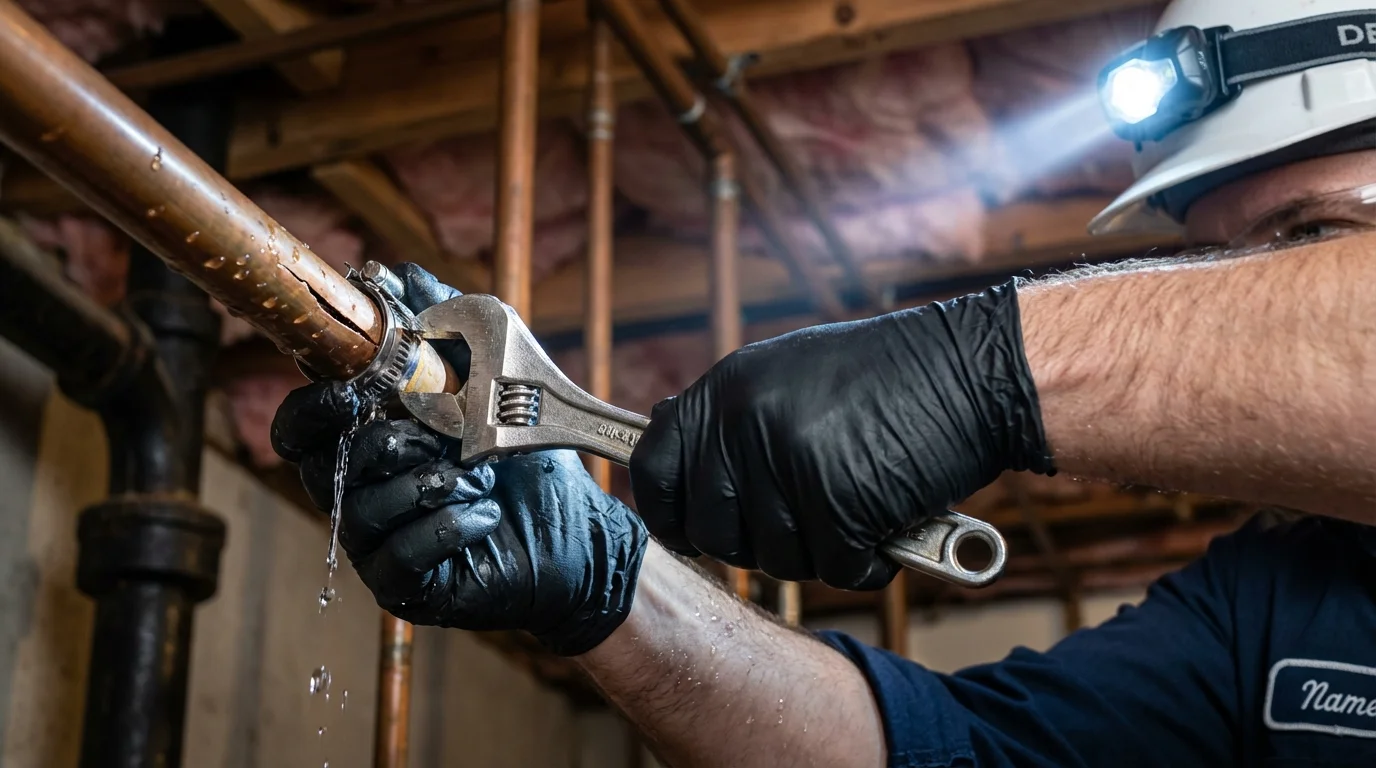 Emergency pipe clamp repair being performed by a Johns Plumbing LLC plumber in Carolina
