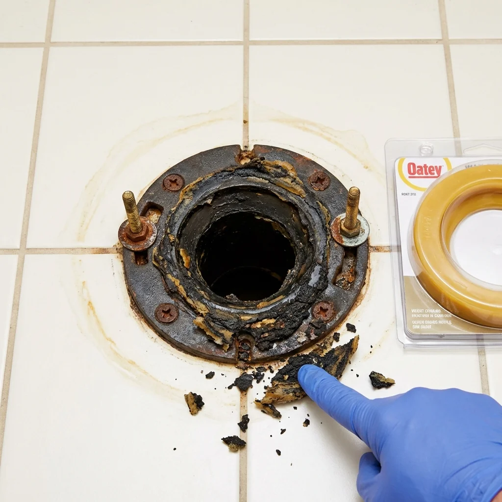 Failed wax ring showing water seepage at the base of a toilet in a Carolina, PR home