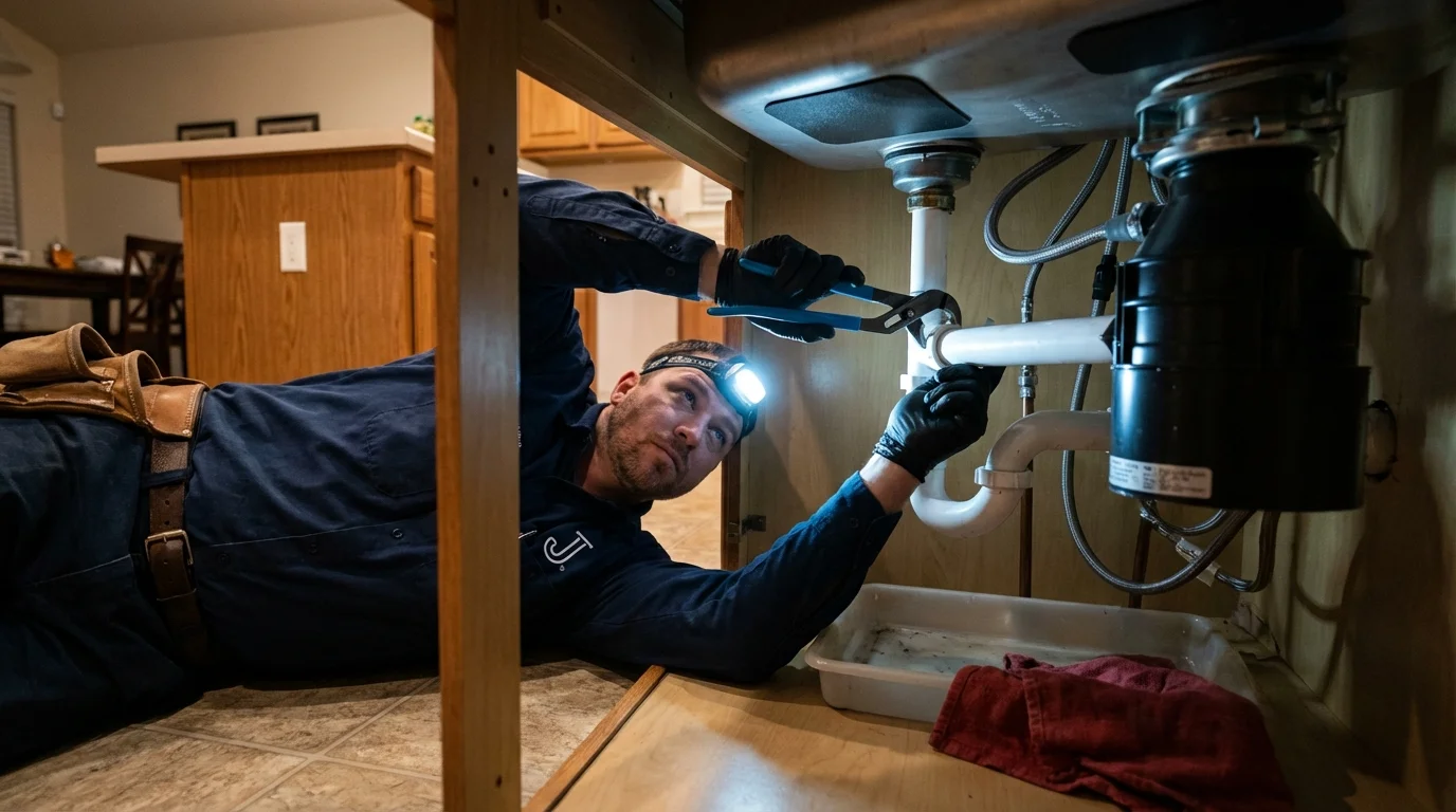 P-trap and supply line connections under a kitchen sink showing a common leak point in Carolina, PR